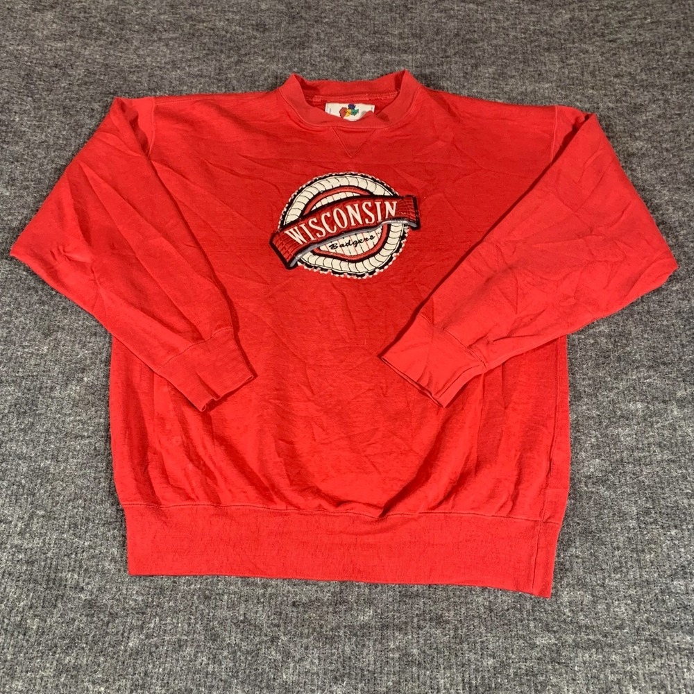 VTG Wisconsin Badgers Sweatshirt Mens Extra Large Red Embroidered Crewneck 90s‎